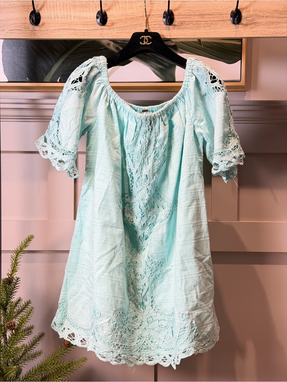 Free People BATTENBURG Off Shoulder Mini Dress Lace Tunic Aqua Blue M